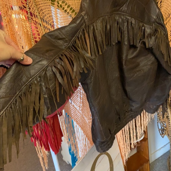 Leather FRINGY bomber jacket || patch leather || mint! || biker jacket || size L - Picture 3 of 8